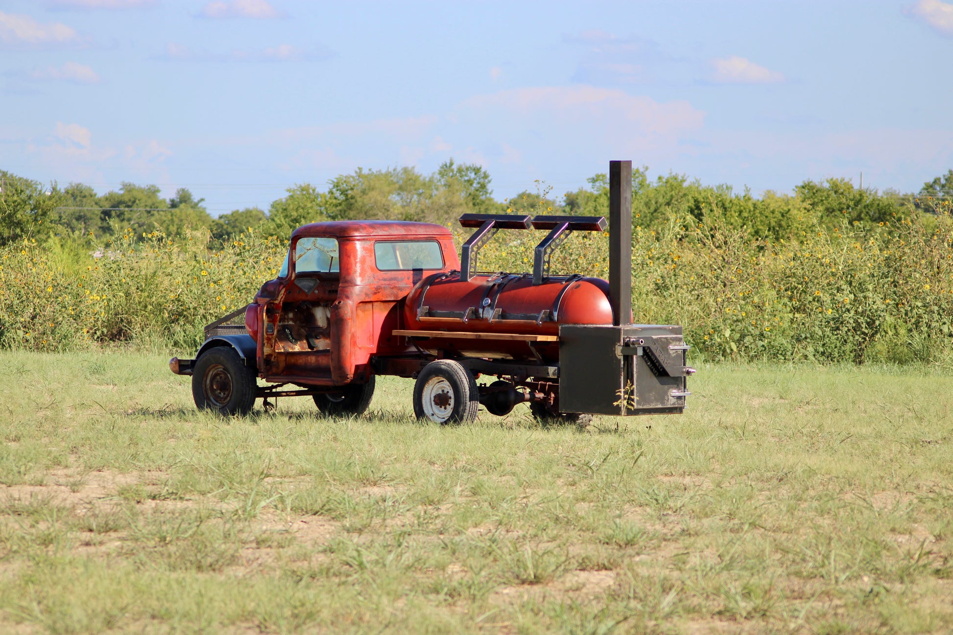 330 Gallon Reverse Flow Offset Smoker on a 1955 Chevy Truck