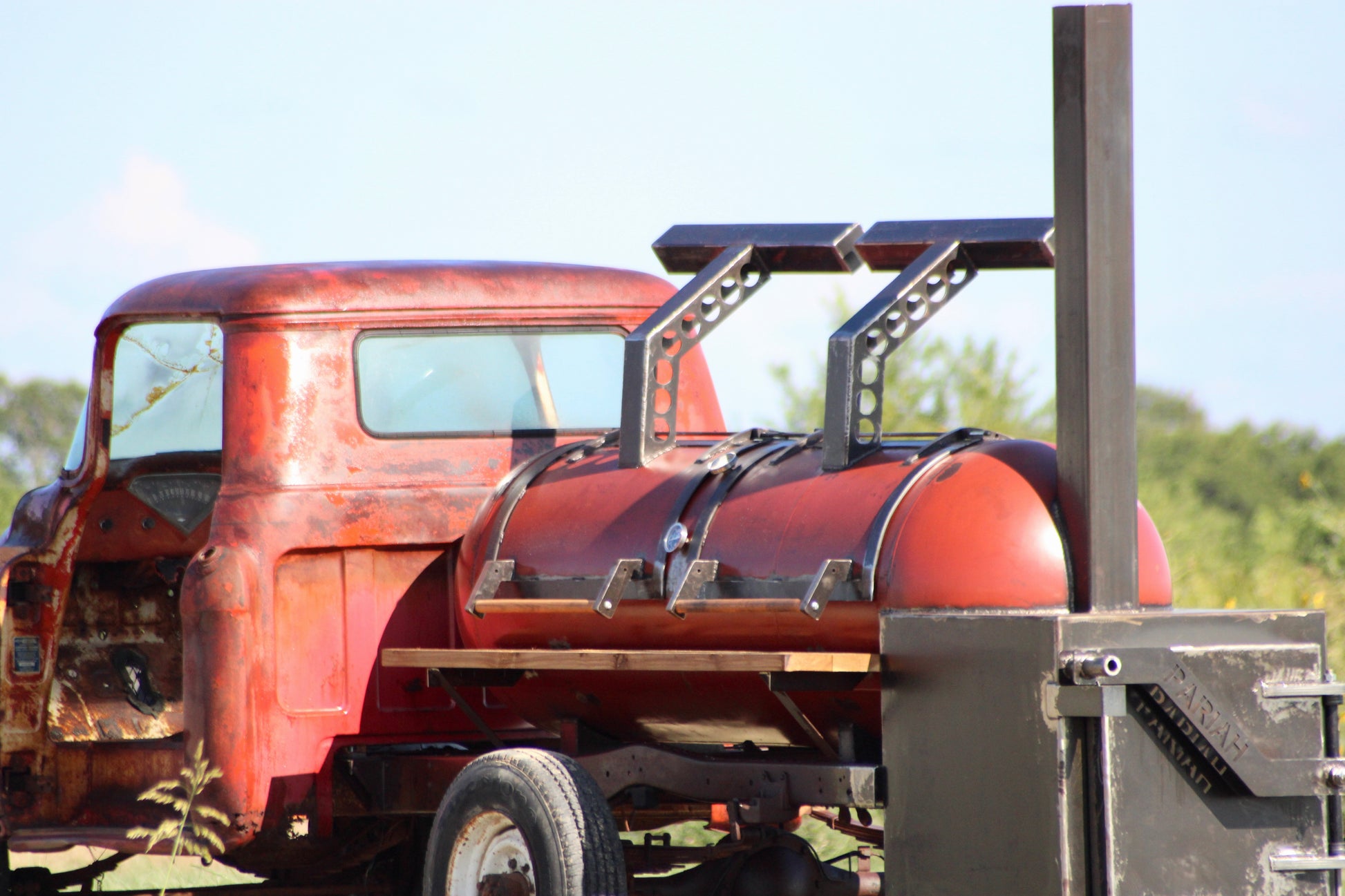 330 Gallon Reverse Flow Offset Smoker on a 1955 Chevy Truck