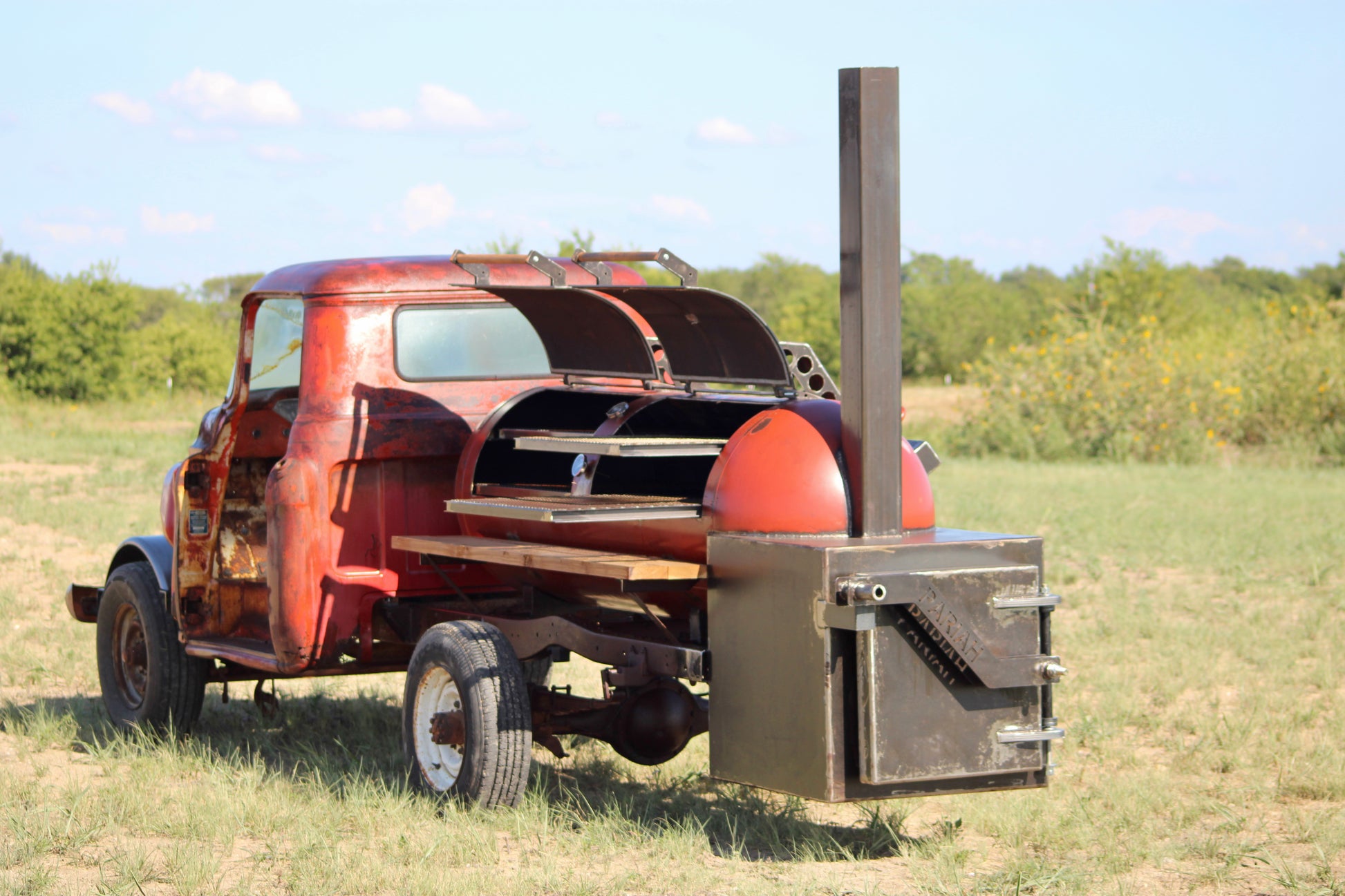 330 Gallon Reverse Flow Offset Smoker on a 1955 Chevy Truck