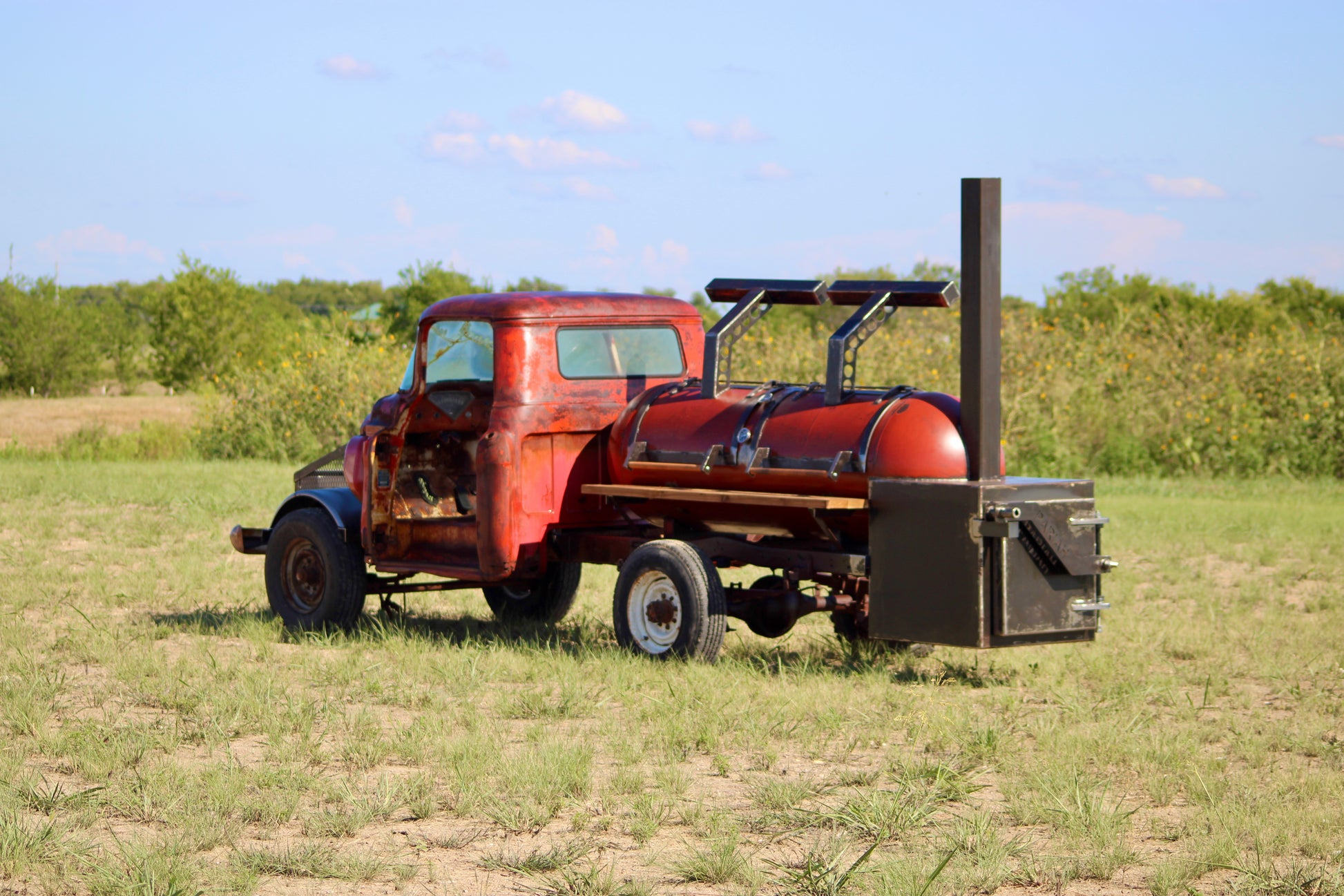 330 Gallon Reverse Flow Offset Smoker on a 1955 Chevy Truck